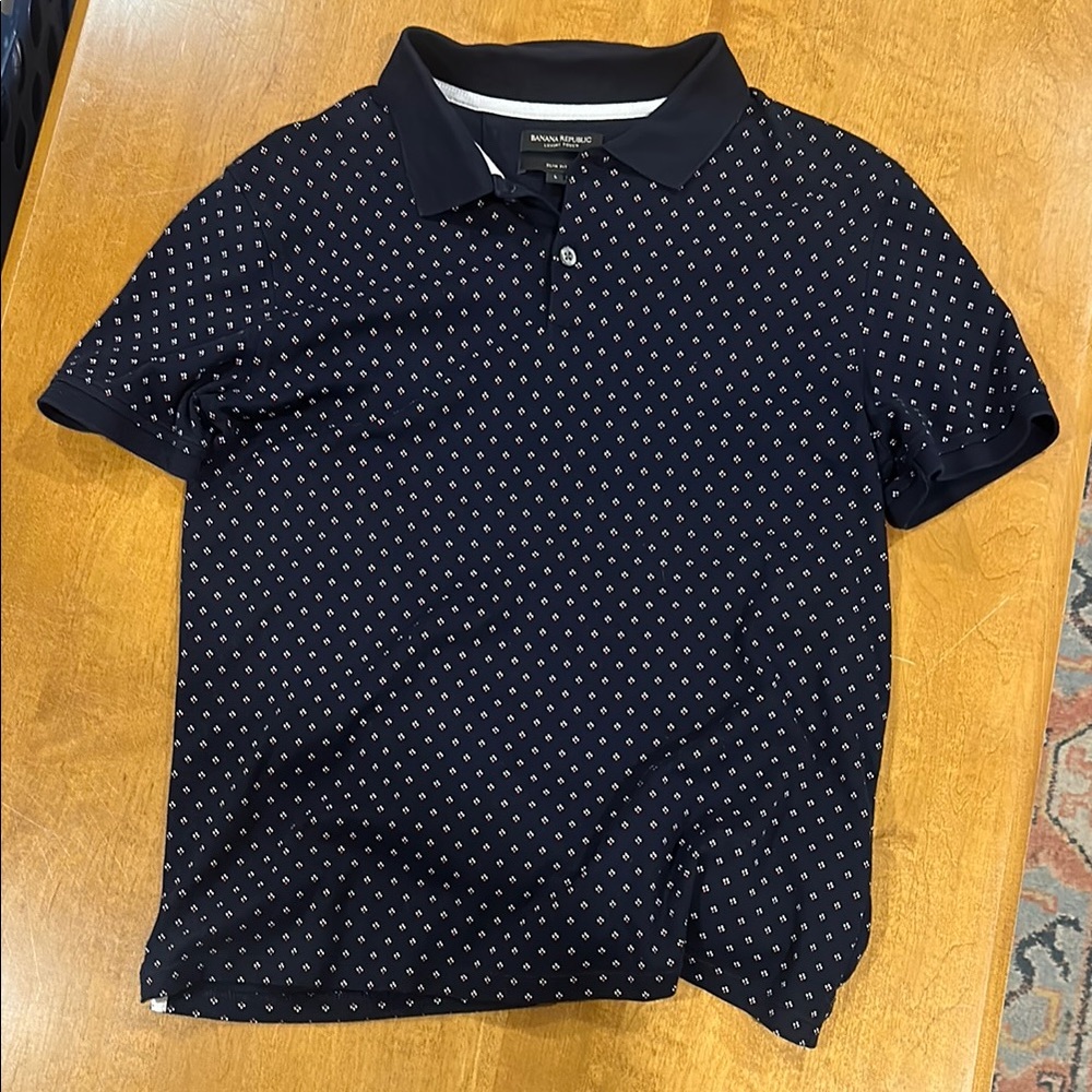 Banana Republic Large Slim Fit Navy Blue Patterned Polo Shirt